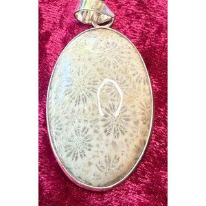 Fossilized Coral & Sterling Silver Oval Pendant 925 Marked Polished Finish 2 Inc